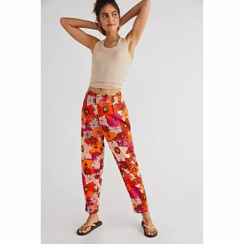 Free People Tessa Tapered‎ Trousers Orange Floral Womens Pants Size 0